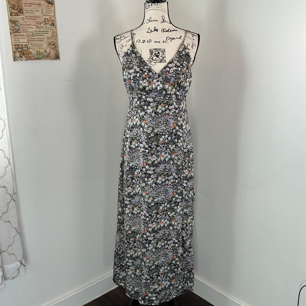 Promesa Floral Ditsy Print Maxi Dress Black V-Neck Adjustable Strap XL Boho